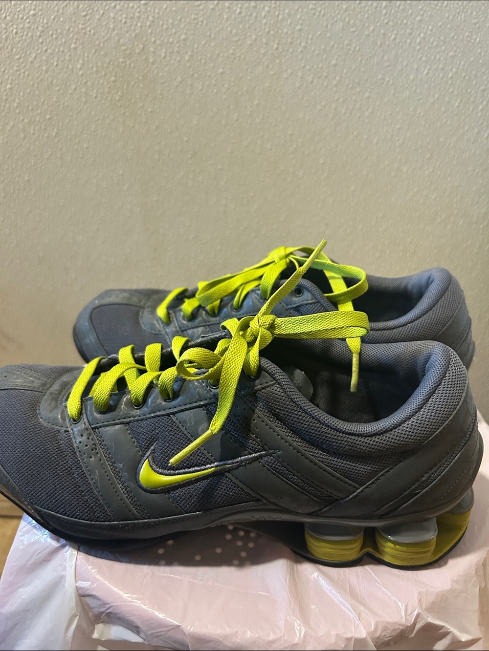 Nike Shox Women’s Paisley Print Gray Sneakers with Neon Yellow Accents